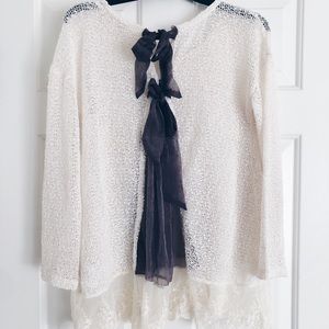 a’reve cream blouse with lace detail and tie back